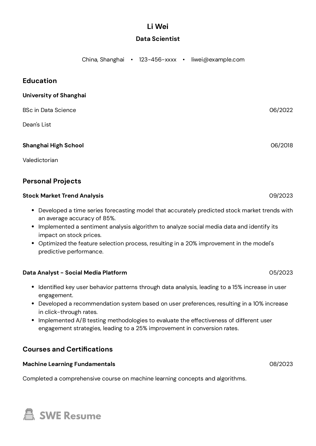 Fresher Data Scientist Resume