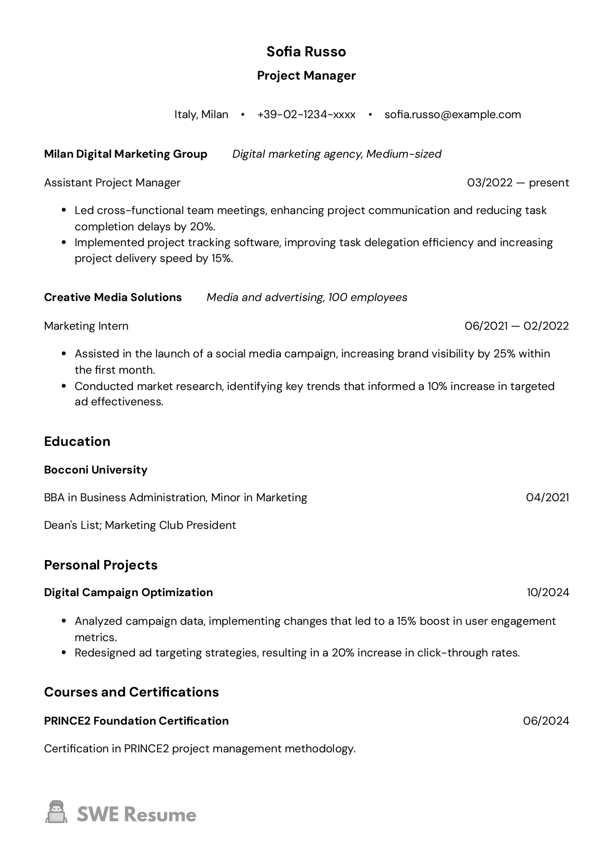 Junior Project Manager resume