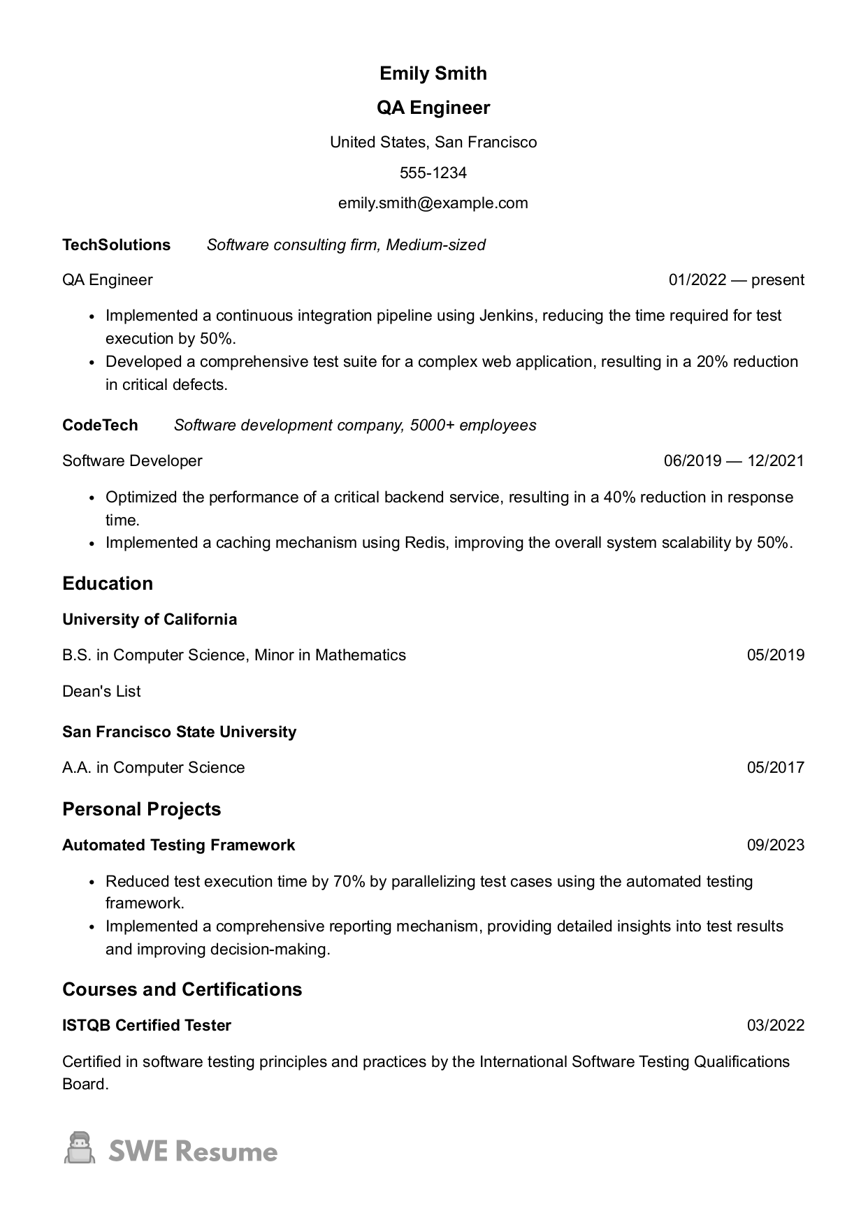 Junior QA Engineer resume