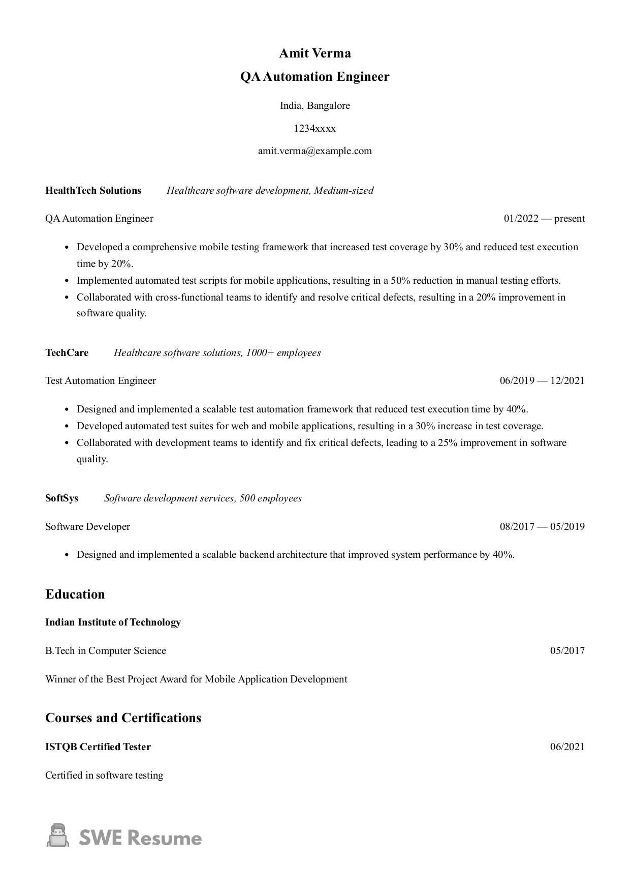 QA Automation Engineer Resume