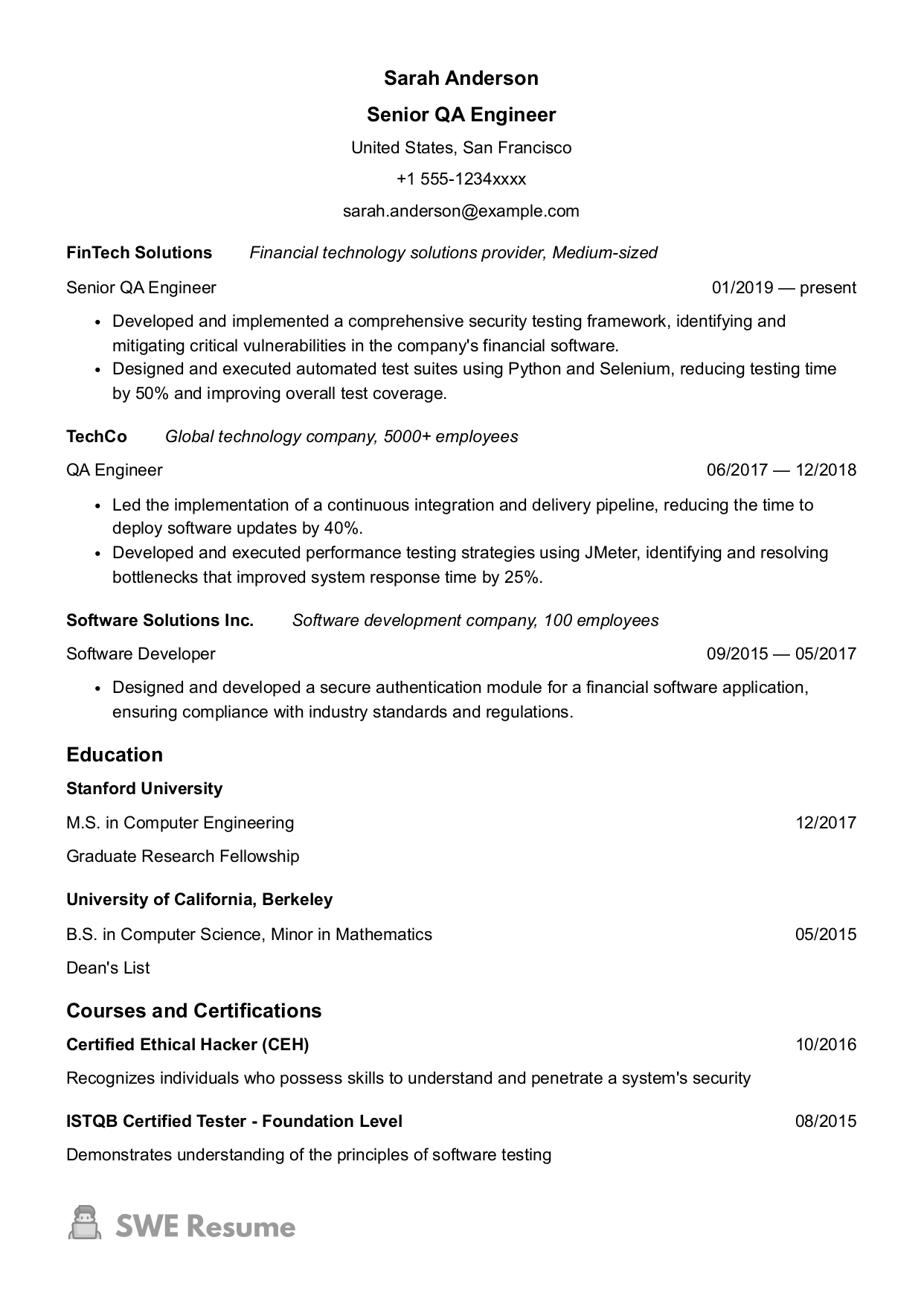 Senior QA Engineer resume